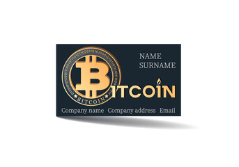 Bitcon. Payment card. Vector card template design with bitcoin on black background. Concept of using bitcoin as a means of payment. Contact card for company, legal entity. Vector illustration.