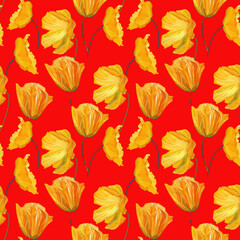 Hand-drawn gouache floral seamless pattern with the yellow poppy flowers on red  background, Natural repeated print for textile, wallpaper.