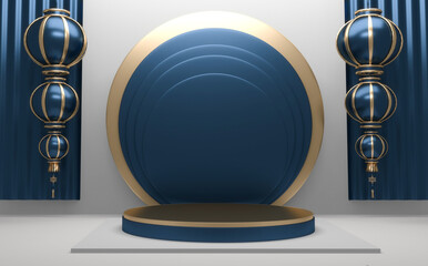 Blue glossy Podium minimal geometric, Dark style abstract.3D rendering