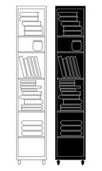 Tall vertical bookcase with a stack of books. Vector silhouette illustration, isolated on white background