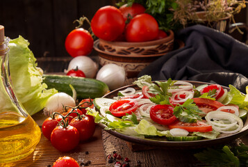 Ingredients for vegetable salad of white onion, cucumber, tomatoes, lettuce, parsley on rustic background. Low carb dietary food.