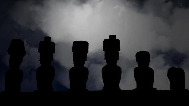Moai: Time Lapse By Night with Crescent Moon, Clouds and Ancient Sculpture in Easter Island,  Rapa Nui National Park, Polynesia, Chile