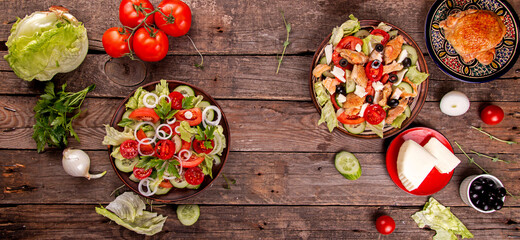  Two salad.. Vegetable and meat salad of mozzarella, cheese, olives, chicken, cucumber, tomatoes and salad salad of white onion, cucumber, tomatoes, lettuce, parsley