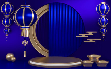 Blue Podium,minimal podium geometric and decoration china style.3D rendering