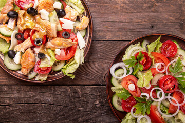  Two salad.. Vegetable and meat salad of mozzarella, cheese, olives, chicken, cucumber, tomatoes and salad salad of white onion, cucumber, tomatoes, lettuce, parsley