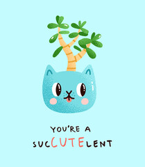 Vector illustration of a potted jade plant with a cute message. Crassula ovata or money tree in a ceramic pot shaped like an adorable cat with a pun below. Design element for a poster or a card.