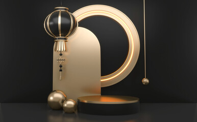 Black and golden luxury podium  china style for product. 3D rendering