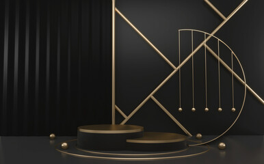 The Black and Golden Podium minimal geometric, Dark style abstract.3D rendering