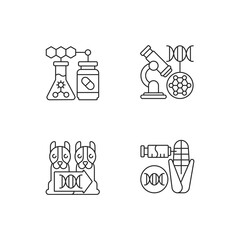 Genetic modification linear icons set. Medical biotechnology. DNA microarray. Animal cloning. Customizable thin line contour symbols. Isolated vector outline illustrations. Editable stroke
