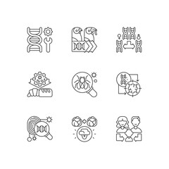 Genetics linear icons set. Genetic engineering. Chromosome division. Industrial biotechnology. Customizable thin line contour symbols. Isolated vector outline illustrations. Editable stroke