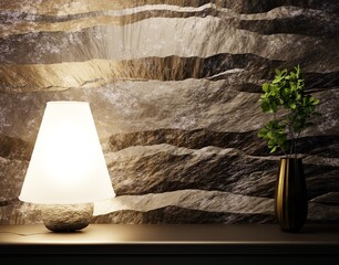 Interior with a stone wall and lamp. Night interior. 3D rendering.
