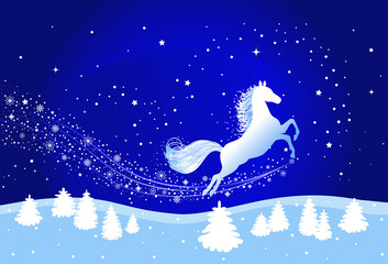 Obraz na płótnie Canvas Winter landscape with snowy fairy horse