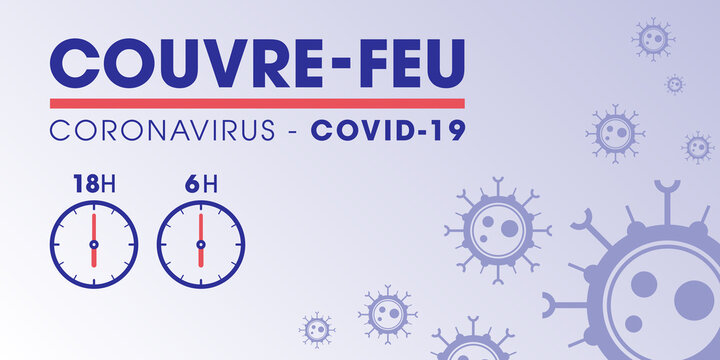 Couvre-feu en France à partir du samedi 16 janvier 2021 - pandémie du coronavirus covid19 - déplacement interdit de 18h à 6h - icône de pendule - illustration vectorielle