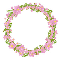 Obraz na płótnie Canvas A wreath of pink flowers and leaves. Round frame pattern