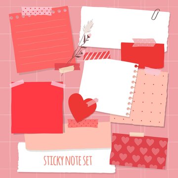 Collection of various notes paper for valentine card. Red and pink sticky note.
