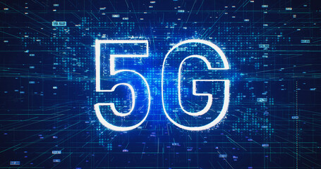 5G Cellular communications, mobile systems, future, internet symbols, 3d render, digital technology, tech background