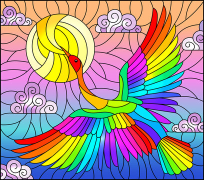 A stained glass illustration with a brigh rainbow bird flying against a cloudy sky and the sun, rectangular image