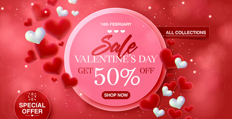Valentine's day big sale banner background for web-site header. Red hearts. Cute love banner or Valentines greeting card. Vector illustration.