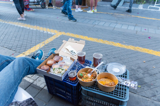 Eating Out During The Pandemic. Arais, Beer, Couscous, Meat Ballscold. Outdoors Eating With Covid19. High Quality Photo. Israel, Tel Aviv, Jaffa, Flea Market