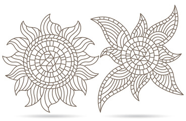 Set of contour illustrations in stained glass style with suns, dark contours isolated on a white background