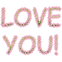 Floral letters. The inscription love you from pink flowers