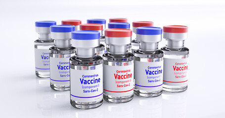 Sputnik 5 russian COVID-19 vaccine bottle 3D render . Label translation: Gam-COVID-Vac (Component 1-2), liquid for intramuscular administration, release date, storage conditions 18 degrees Celsius 