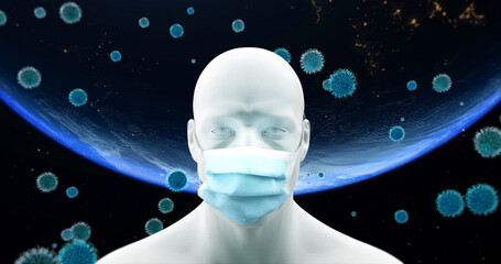 Masked man on the background of the Earth, viruses in the air, global coronavirus pandemic 3d render animation