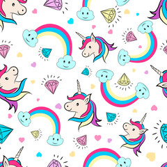 Seamless pattern with cute unicorns and magic items. Cute collection of unicorns with flowers and magic items. Cute magic background with unicorn, rainbow and stars.