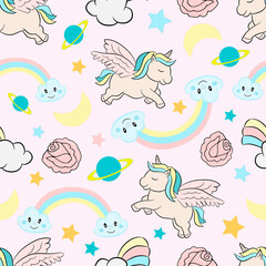 Naklejka na ściany i meble Seamless pattern with cute unicorns and magic items. Cute collection of unicorns with flowers and magic items. Cute magic background with unicorn, rainbow and stars.