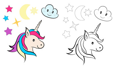 Magic cute unicorn in cartoon style. Cute collection of unicorns with flowers and magic items. Cute magic background with unicorn, rainbow and stars.