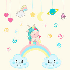 Magic cute unicorn in cartoon style. Unicorn on a rainbow. Cute magic background with unicorn, rainbow and stars.