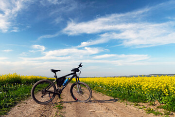 Fototapeta na wymiar Black male bike on blooming yellow rapeseed field. Breathable landscape with blue cloudy sky at rural contrside