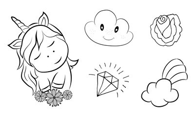 Magic cute unicorn in cartoon style. Cute collection of unicorns with flowers and magic items. Cute magic background with unicorn, rainbow and stars.