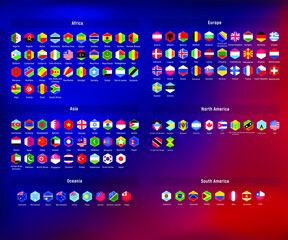 Set hexagonal flags of countries. Unusual gradient with glow isolated on colored background. Vector eps 10.