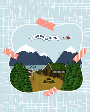 Canadian or Scandinavian brown wooden house with grass on the roof, trees, mountains, helicopter with Happy Spring text vector hand drawn emulation of photo under pink patterned washi tapes