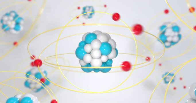 The nucleus of atom, an atom and its nucleus, electrons rotate, protons, elementary particles, neutrons, electron, atomic energy