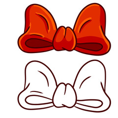 Red bow. Clothing decoration and women hair accessories. Set of color and black and white objects. Cartoon illustration