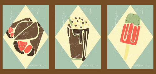 Vintage posters with delicious food. Fast food illustrations for interior design, cafes, menus, social networks, advertising. Minimalist backgrounds with pancakes, chocolate cocktail, ice cream.