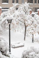 Historic snowfall in Madrid, capital of Spain in January 2021. Saturday, 9 January in district Arganzuela, Imperial