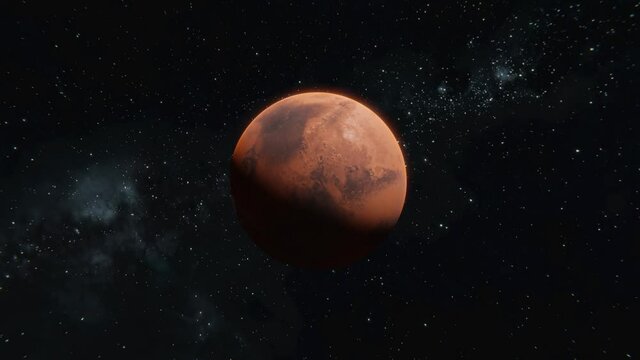 Tracking out shot of Mars planet in open space over stars background. Leaving Mars view in 4k