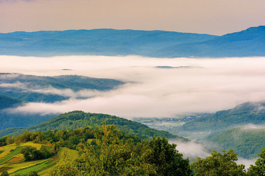 glowing fog in the rural valley at dawn. beautiful mountain landscape in springtime. view from the hill