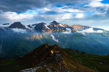 Amazing sunrise on the top of Grossglockner pass, Swiss Alps, Switzerland, Europe. Landscape photography