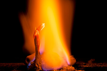 Controlled flames, chemical fire and objects in night space, fire hazard.