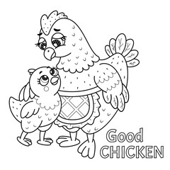 Children's simple coloring page with mother hen and chicken.