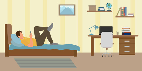 Problem of distance learning among students. Unwillingness to study at home. Guy lies on bed and listens to music during studying. Problem of self-learning. Vector illustration