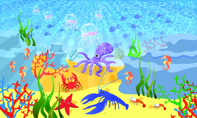 Undersea world. Marine animals, octopus shrimp, blue lobster, seahorses, crab. Print for children underwater.