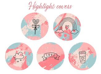set of Valentine's day social media highlight covers decorated with doodles.