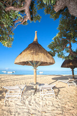 Fototapeta na wymiar straw sunshade and sunbeds at a tropical beach
