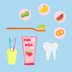 Children's toothpaste tubes and toothbrush set. Dental care for children. Toothpaste with different flavors: strawberry, banana, orange, apple, watermelon. A sparkling tooth