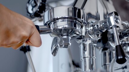 White woman's hand holding the handle and inserting a double porta filter in a shiny steel one group home manual espresso coffee machine. High-quality low angle photo.